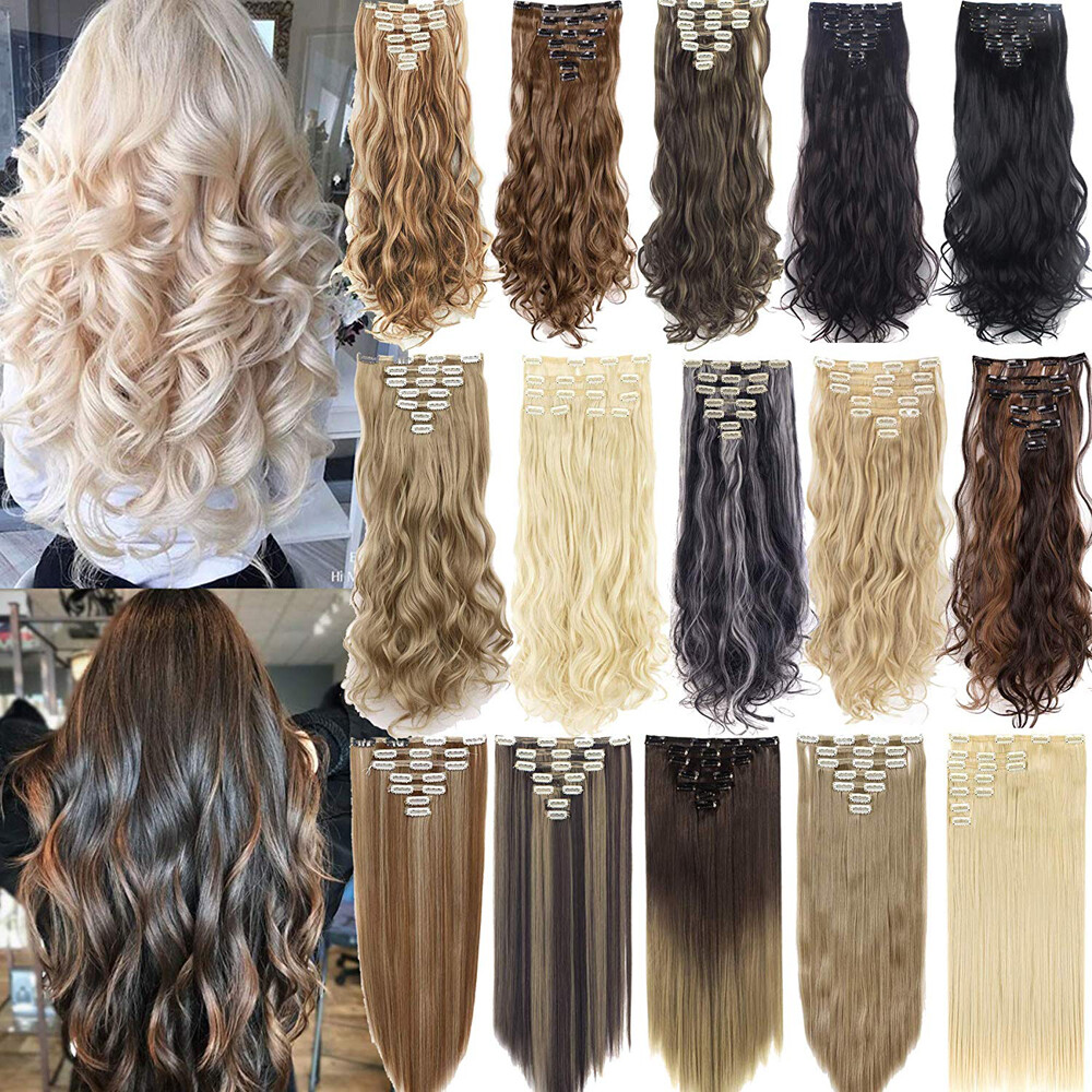 USA 7pcs Thick Synthetic Clip In Wavy Curly Straight Hair Extensions Full Head