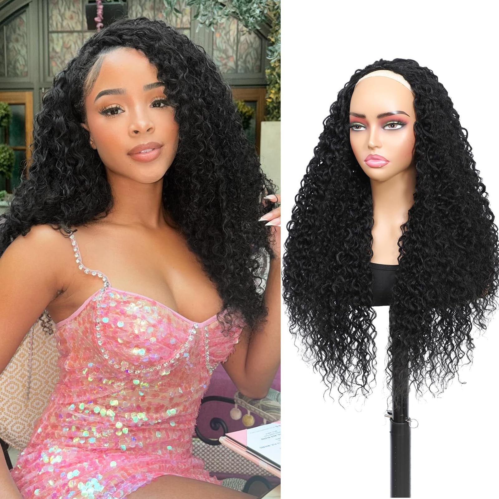 Long Burmese Curly Half Wigs for Black Women, 3 in 1 Glueless Wear and Go Protei
