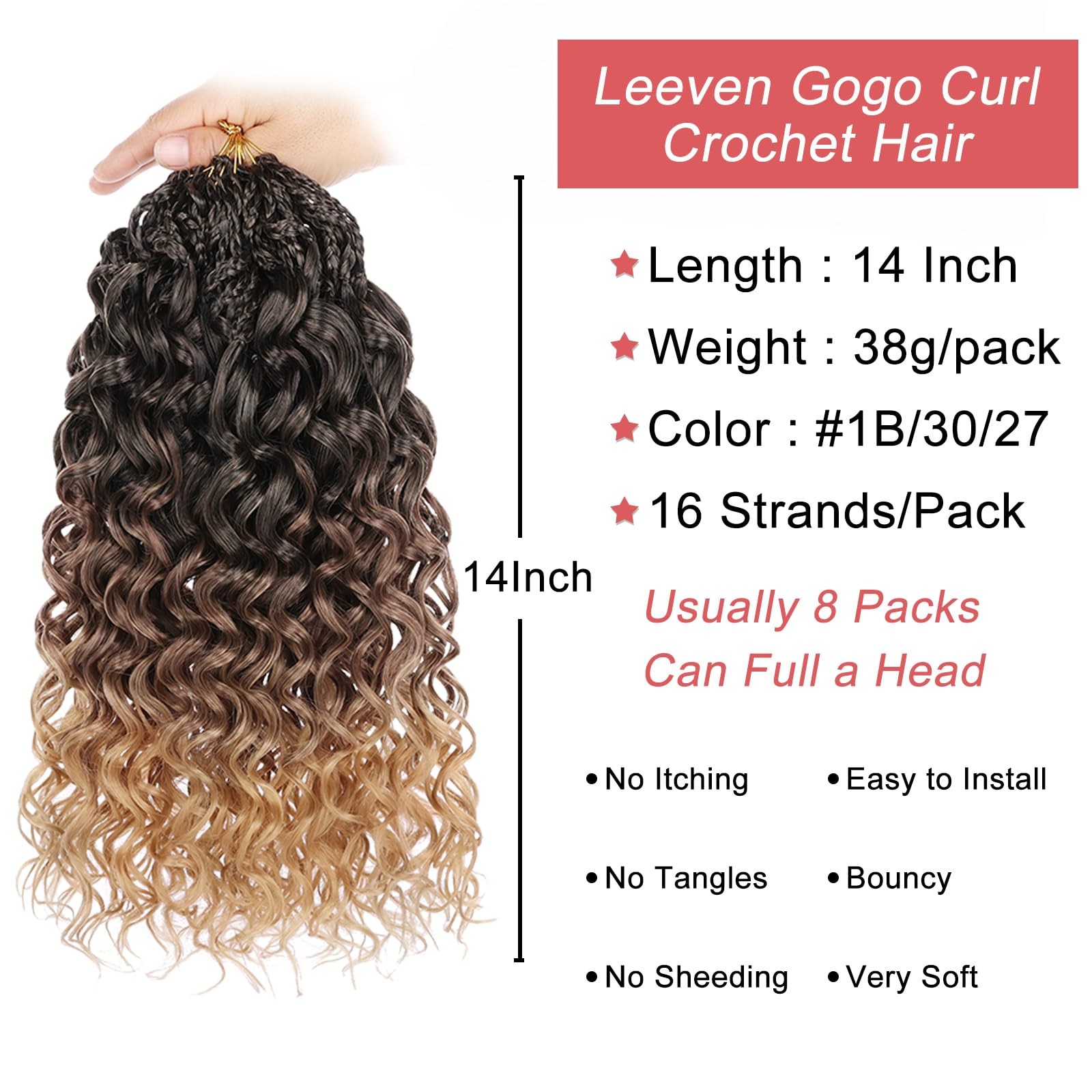 Gogo Curl Crochet Hair 14 Inch 8 Packs Ombre Brown to Honey Blonde Ocean Wave…