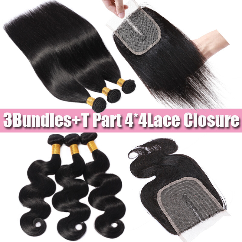 Straight 4*4 Lace Closure with 3 Bundles Weave Weft Virgin Human Hair Extensions