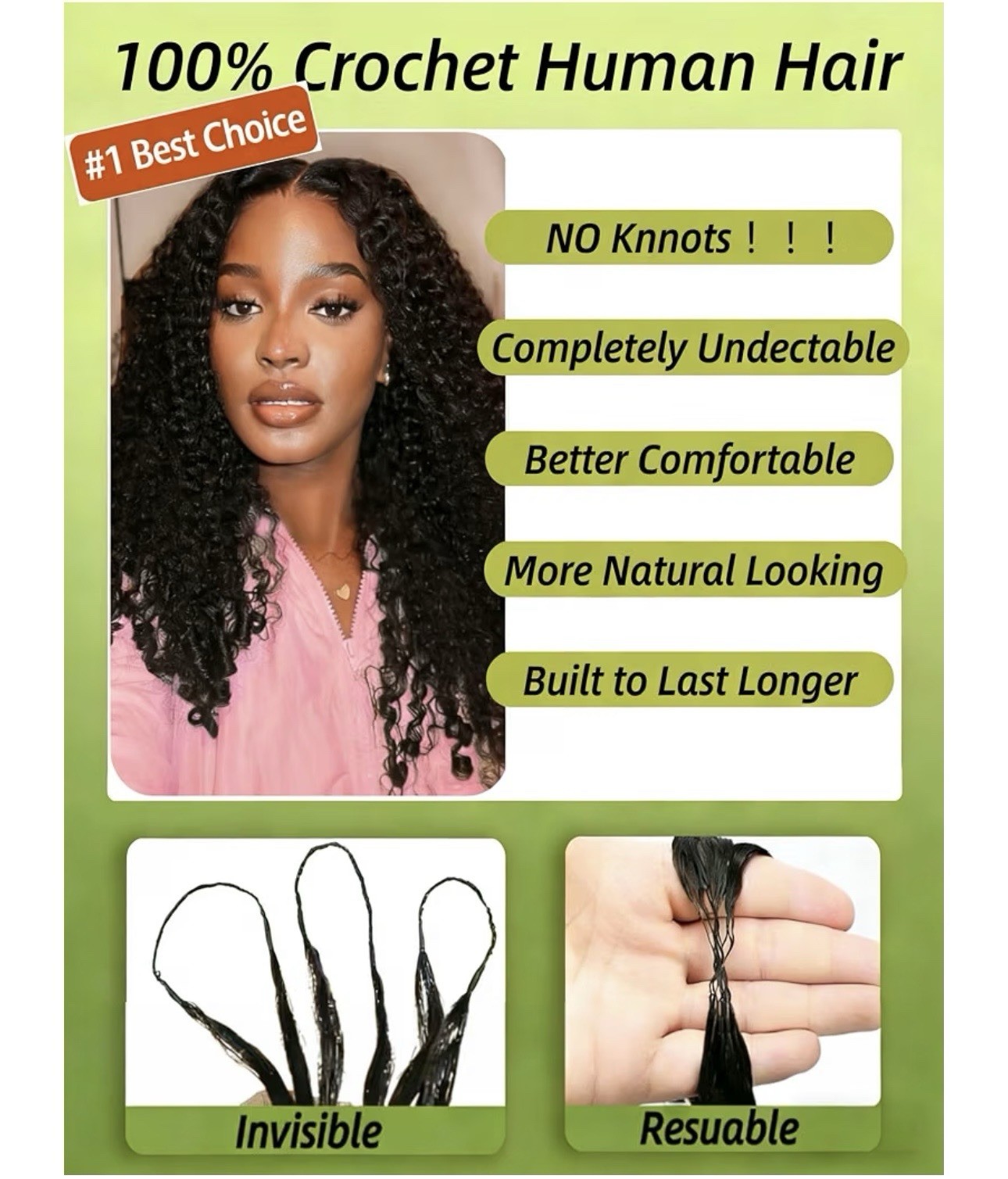 Human Hair Curly Crochet Pre-Looped Extensions Reusable 22 in Black Women