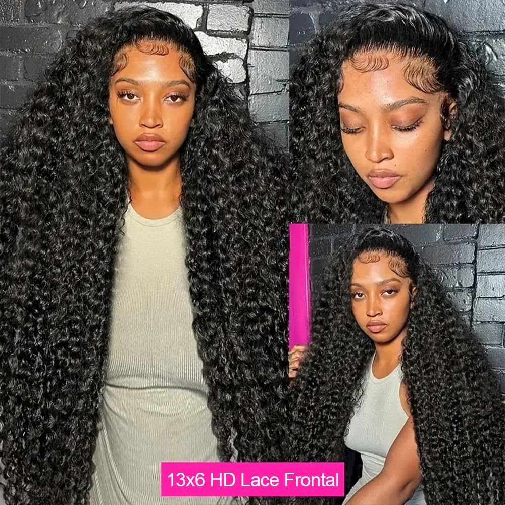 40″ 13×6 Deep Wave Lace Front Wig – Pre-Plucked, 250% Density, HD Lace, Curly Ha