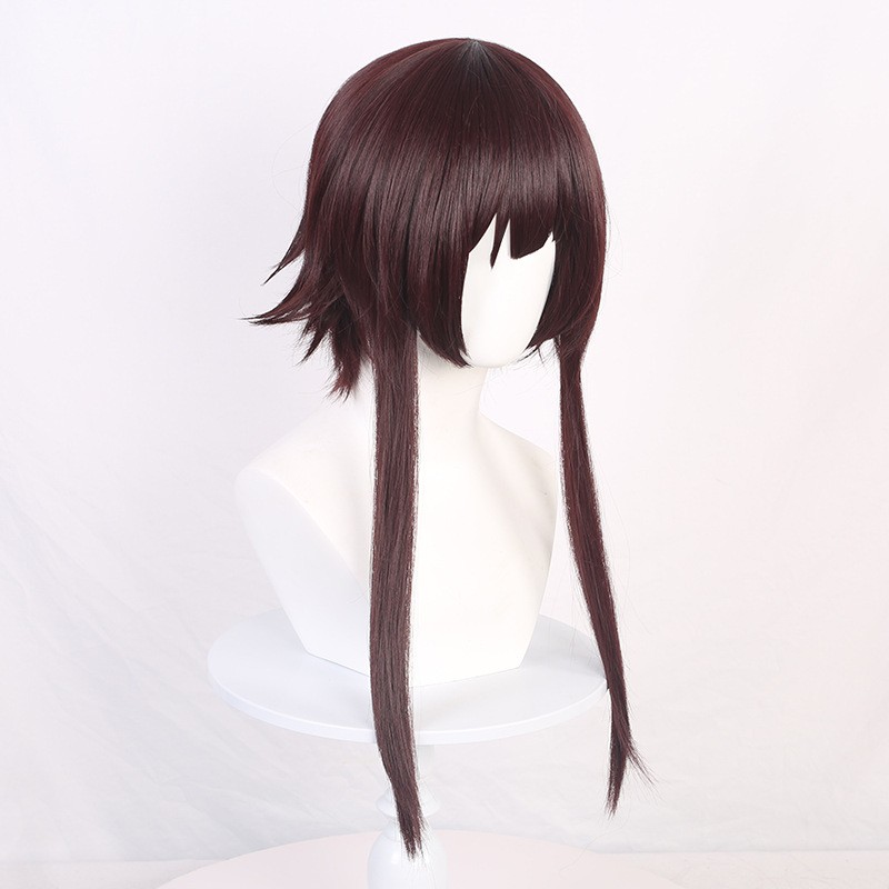 Shoulder Length Dark Reddish Brown Layered Straight Wig Blunt Bangs Synthetic