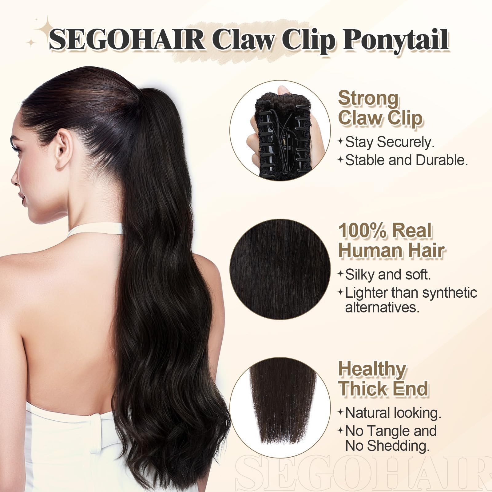 Segohair Human Hair Ponytail Extension Claw Clip Natural Look Soft 14-22 More