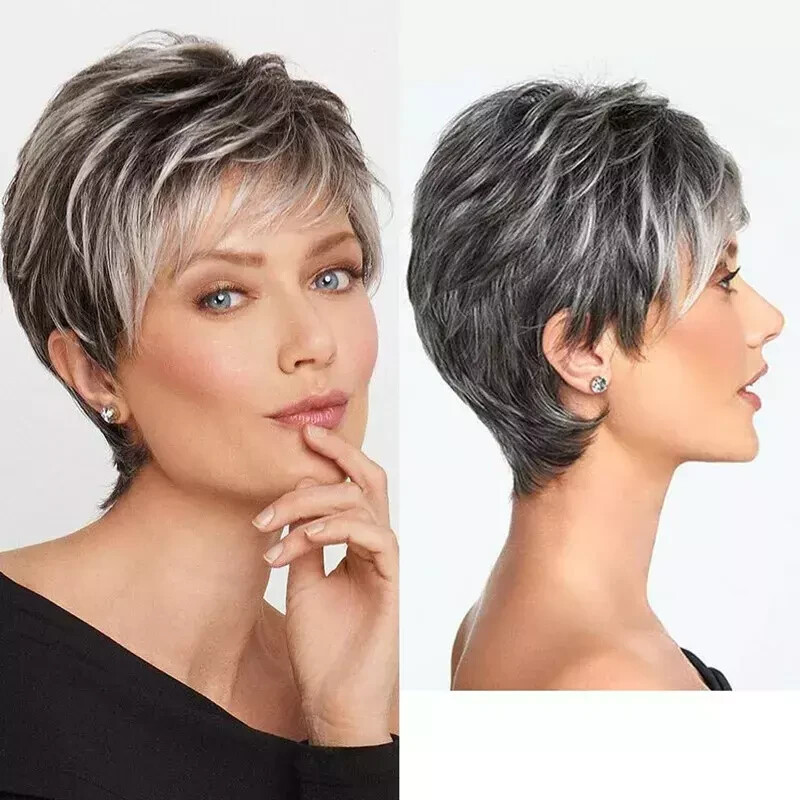 Short Pixie Cut Wigs with Bangs for Women Black with Gray Mix Synthetic Hair Wig