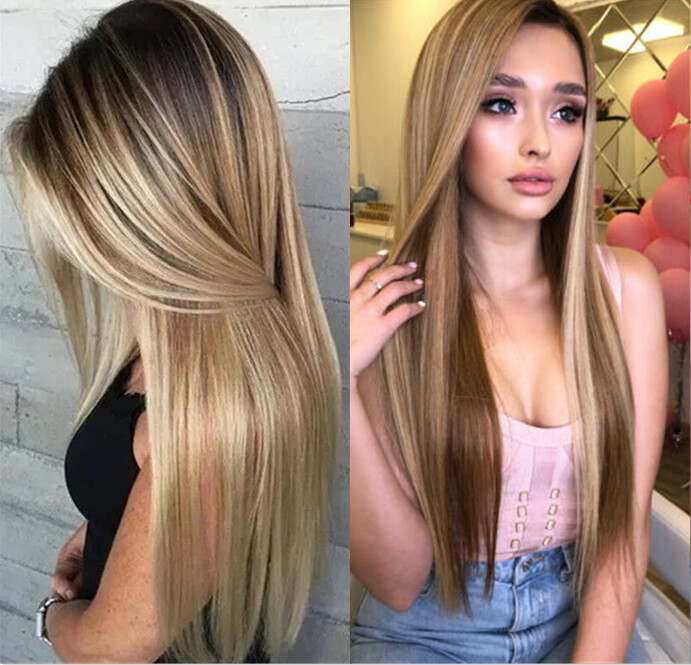 Long Ombre Brown Blonde Wig for White Black Women Dirty Blond Highlight Straight