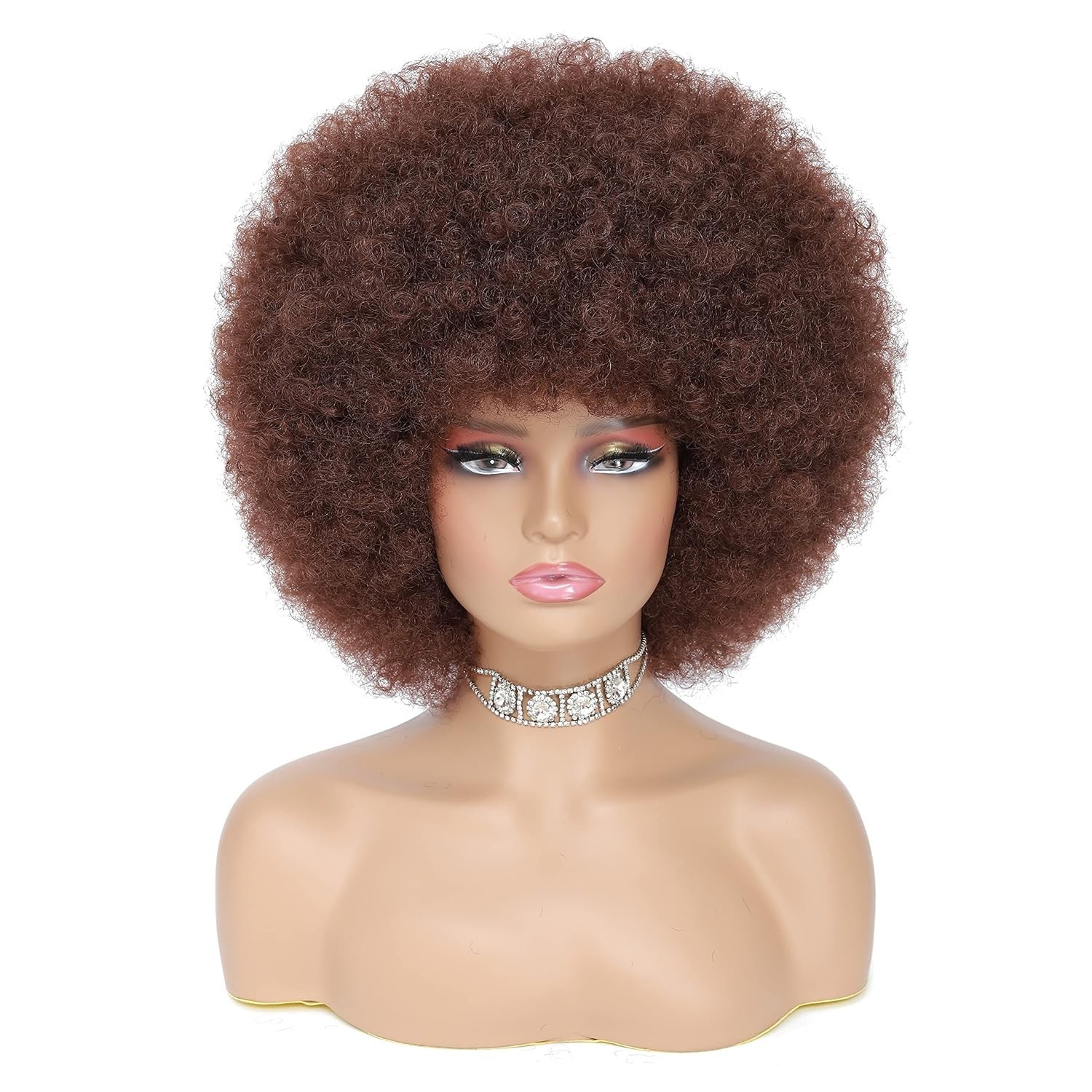 70s Afro Kinky Curly Wig For Women, Brown, Synthetic Fibers, Soft, Bouncy, Natur