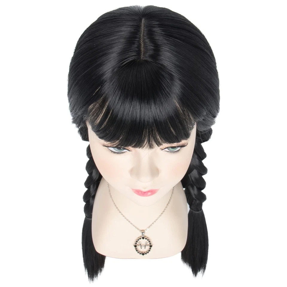 Long Straight Black Braids Wig with Bangs for Girls Child Halloween Party Cos…