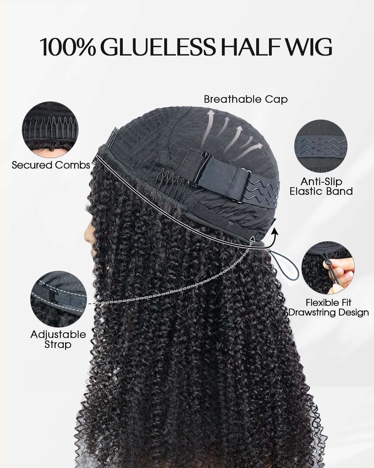 200% Density Curly Half Wig Human Hair – Glueless 3-in-1 Headband Wig 20