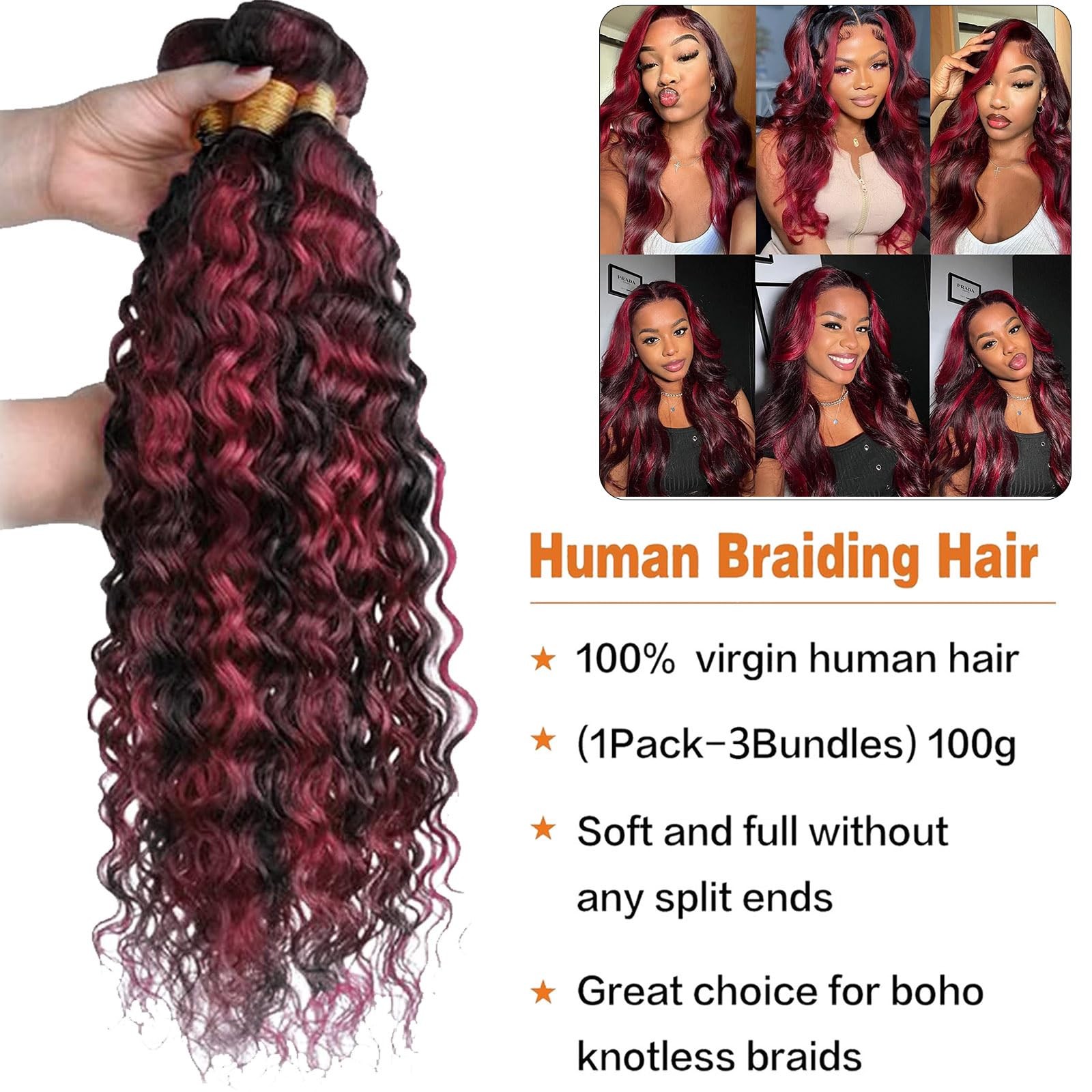 Fabimiya 24 26 28 Inch Burgundy P1B/99J Deep Wave Human Hair Bundles Wine Red