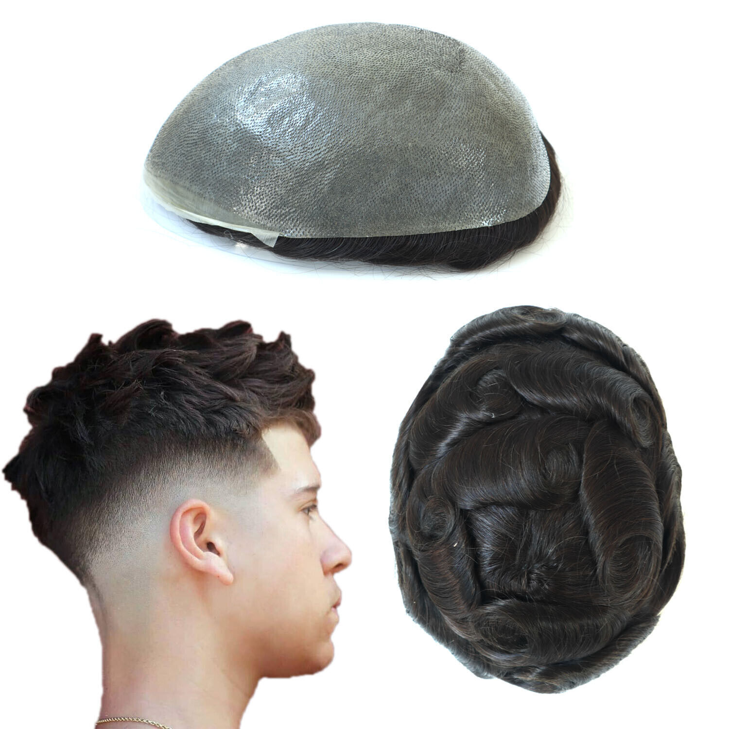 Mens Toupee Human Hair Replacement Full Poly Skin Injected PU System Men Wig AAA