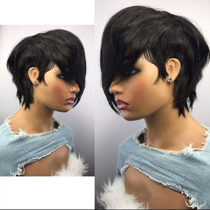 Short Remy Black Human Hair Wigs for Women Pixie Cut Wigs Wave with Side Bangs
