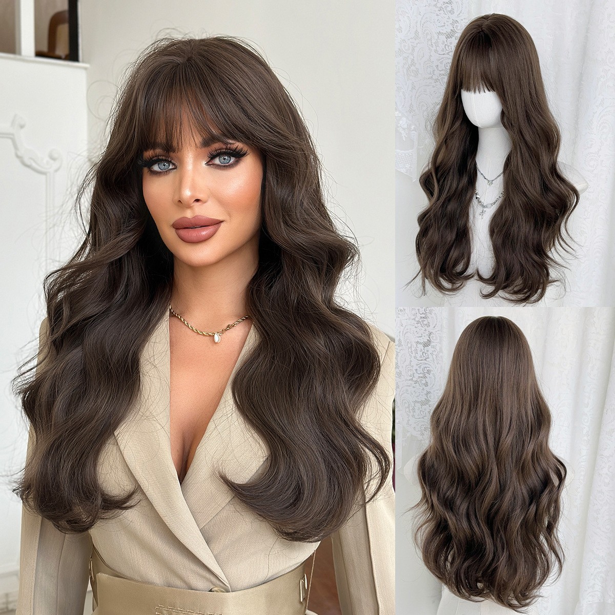 Natural Dark Brown Long Curly Wig with Full Bangs High Quality Synthetic Full
