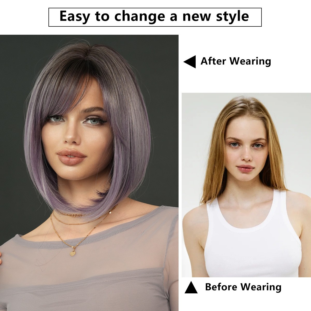 2025 Grey Purple Ombre Short Straight Bob Wig Side Part Bangs Synthetic Full