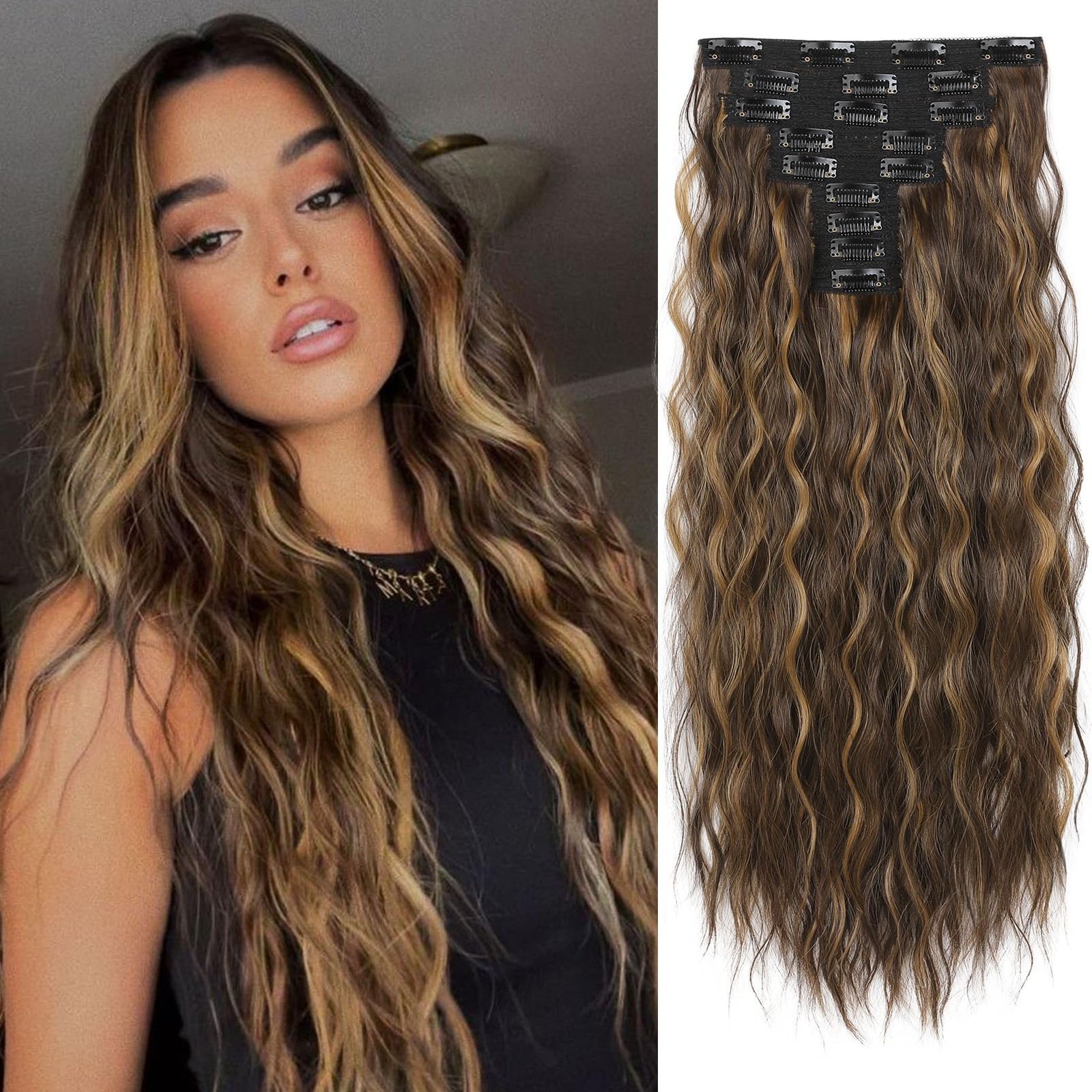 9PCS Clip in Hair Extensions, 24″ Thick Long Mini Mermaid Wave Luxurious Ligh…