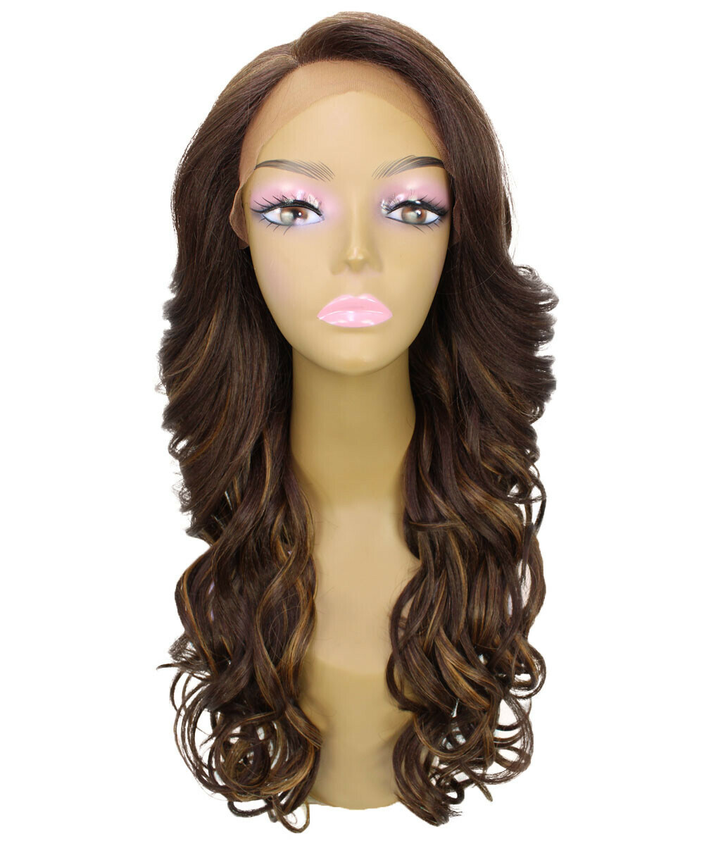 Wavy 24.5 in 13×2.5 Hand Tied Lace Front Wig, Brown with Golden Highlights