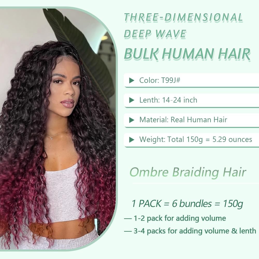 Ombre Burgundy Braiding Hair 150g 14 Inch 6 Bundles/Pack Deep Wave Bulk Human Ha