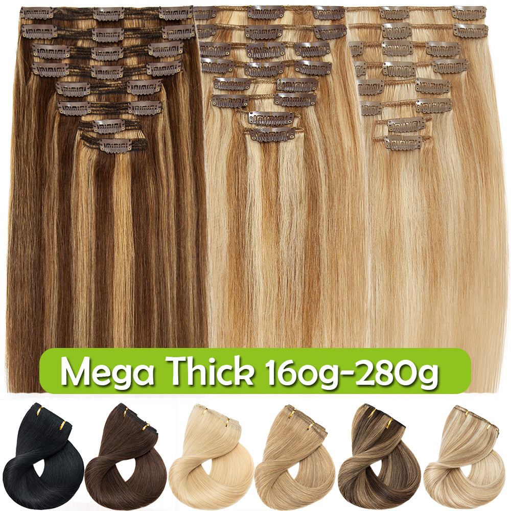 US Highlight THICK Double Weft Clip In Real Human Remy Hair Extensions Full Head