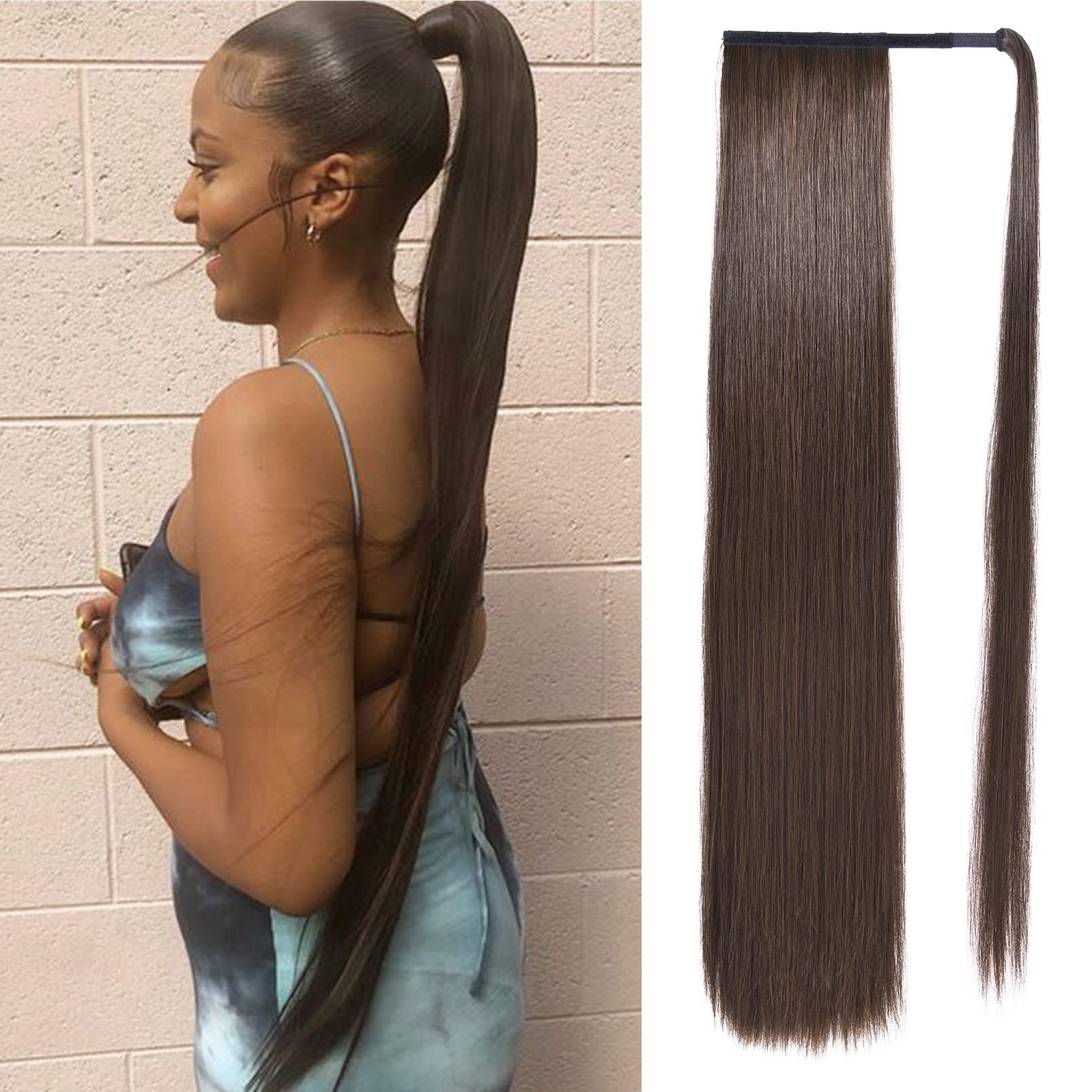 SEIKEA 35″ Straight Ponytail Extension Dark Brown Copper Highlight Clip-in