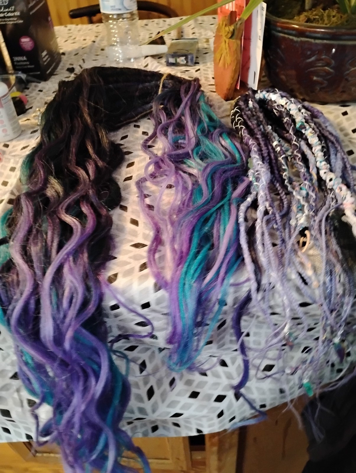 Multicolor Braided Synthetic Hair Extensions Purple Blue Black Wavy 24in
