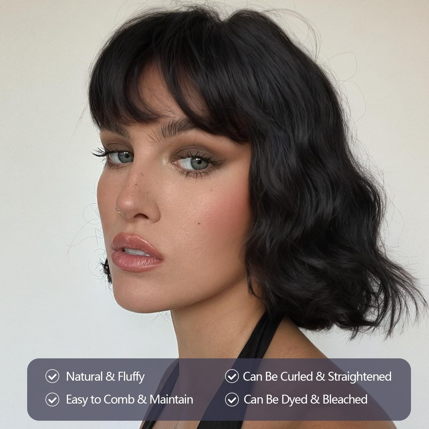 Wiger Human Hair Natural Wave Wigs Bangs Black Wavy Bob Wigs For Black Women
