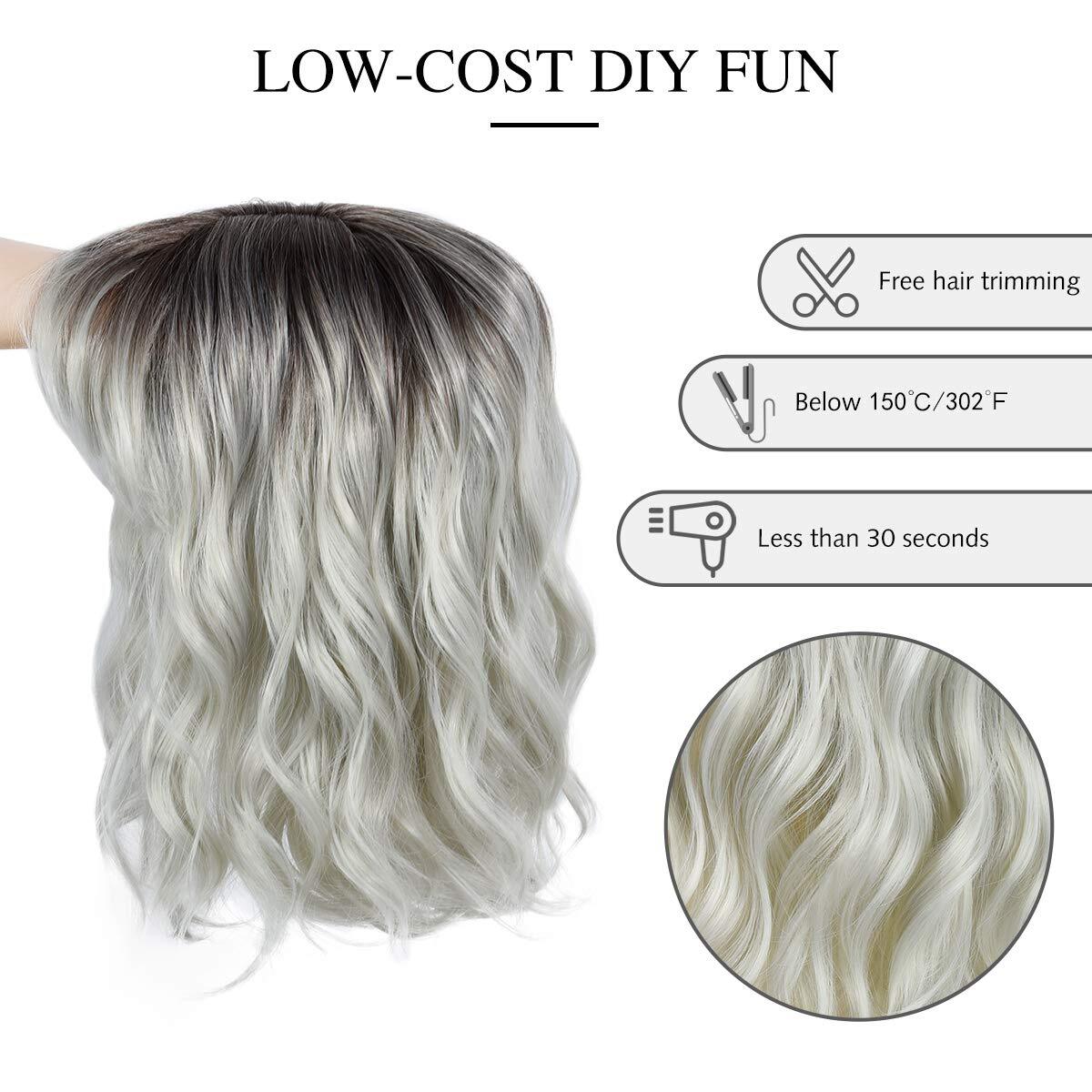 Medium Wavy Bob Wig with Bangs Natural Ombre Silver Wig Synthetic Hair Shoulder