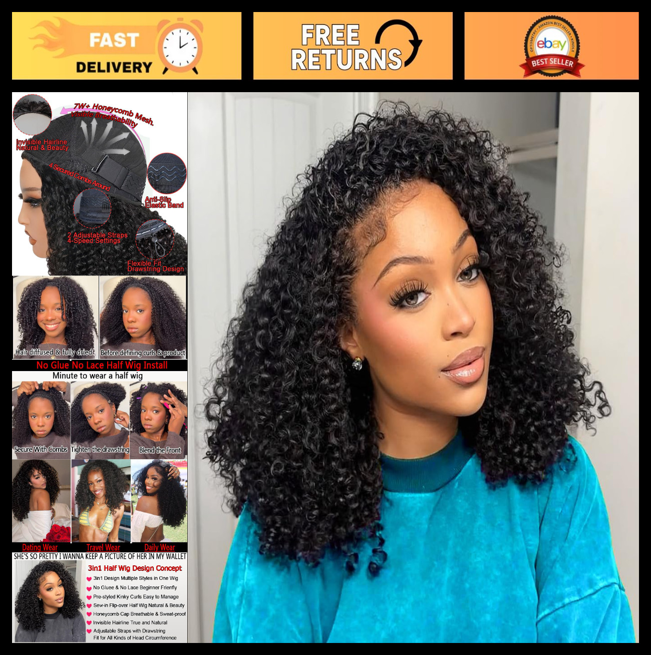 Kinky Curly Half Wig 200 Density Human Hair – 3 in 1 Glueless Drawstring Wig 16
