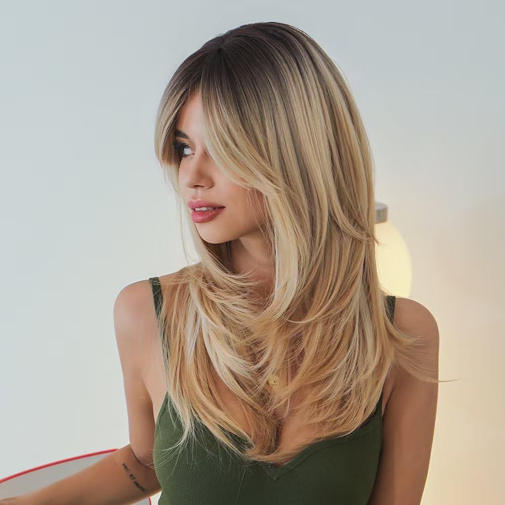 Women Long Blonde Ombre Wig with Deep Roots, Layered Synthetic Wig with Bangs…
