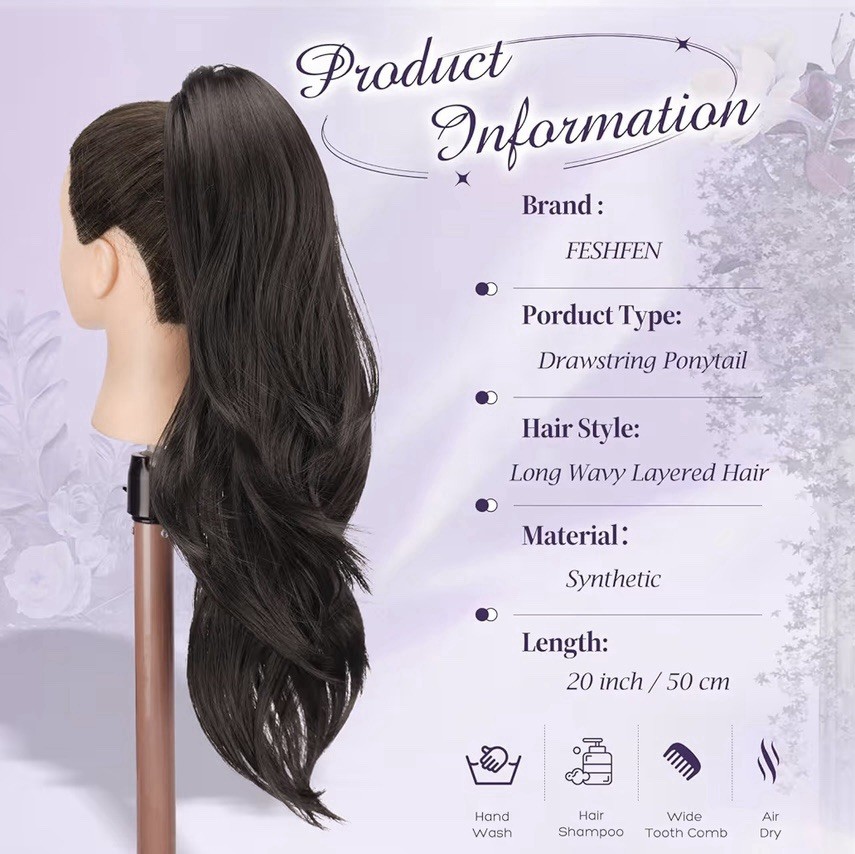 Drawstring Ponytail Extension Natural 20” Wavy Long Layered Black Brown