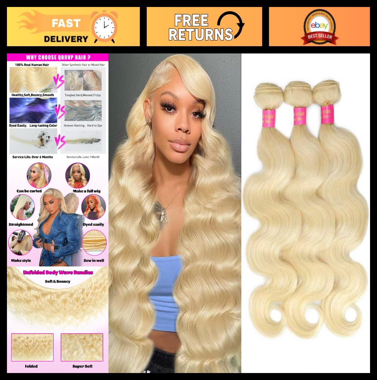 613 Body Wave Blonde Hair Extensions 18 20 22 Inch 100% Human Hair Bundles, No S