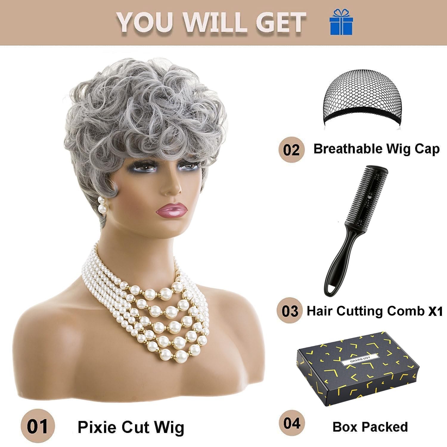 Chic Grey Pixie Wig for Women, Short Curly Style with Accessories Included