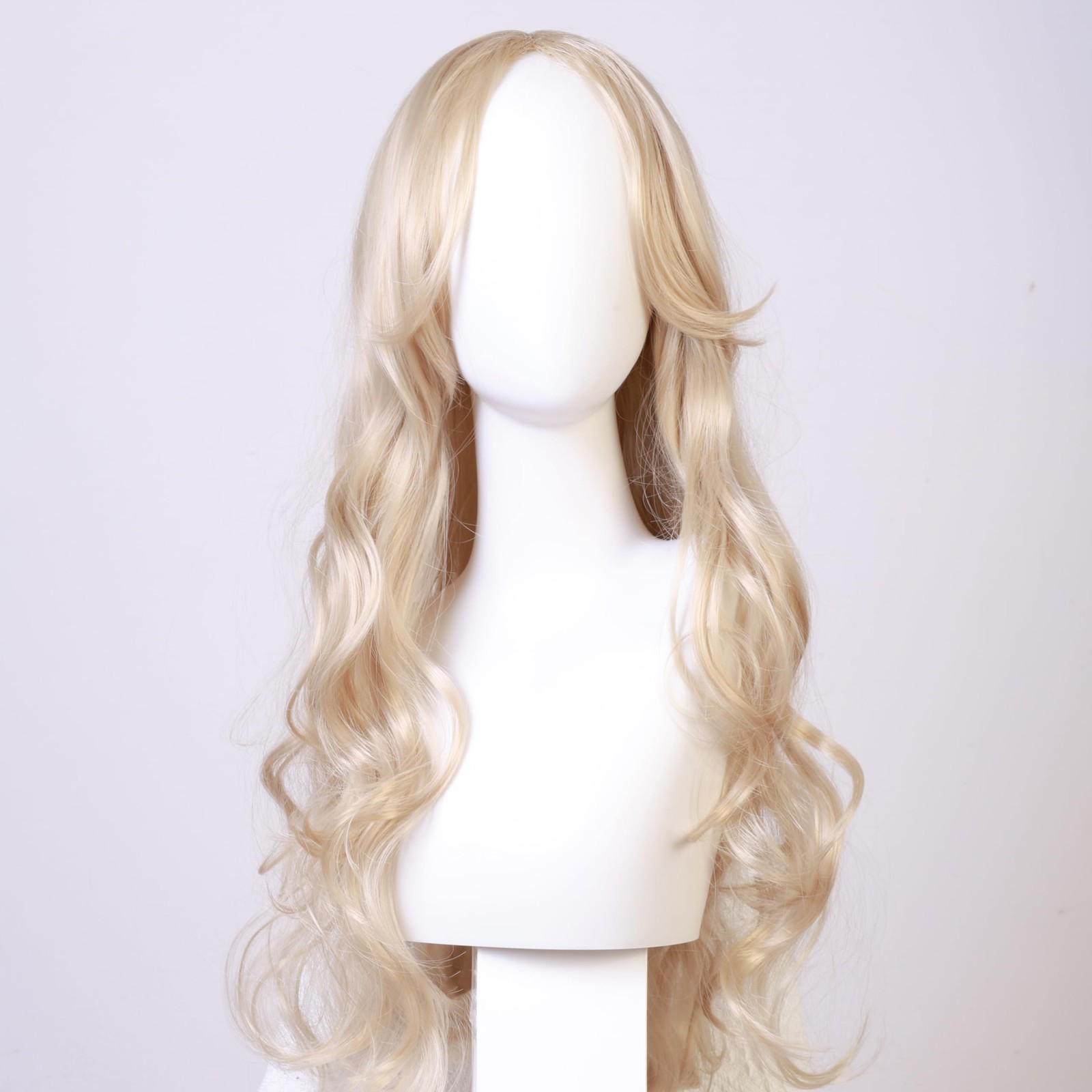 Platinum Blonde Wig Long Middle part Curly Wavy Style Women’s Wig with Glue f…