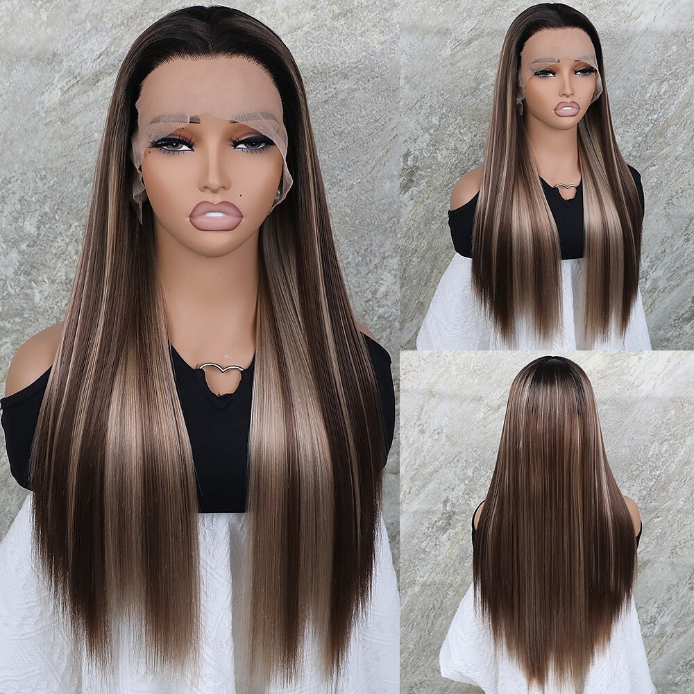 Long Straight Synthetic Wig Mixed Brown Blonde Color Ombre Lace Front Wigs Party