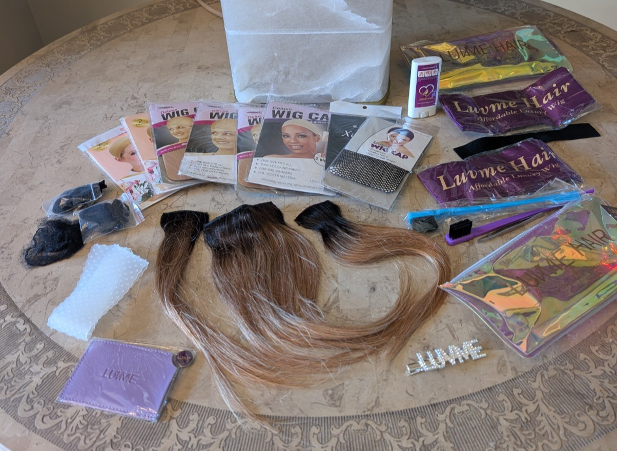 LUVME Assorted Accessories With 3 12″ Human Hair Clip In Extensions, Net Caps