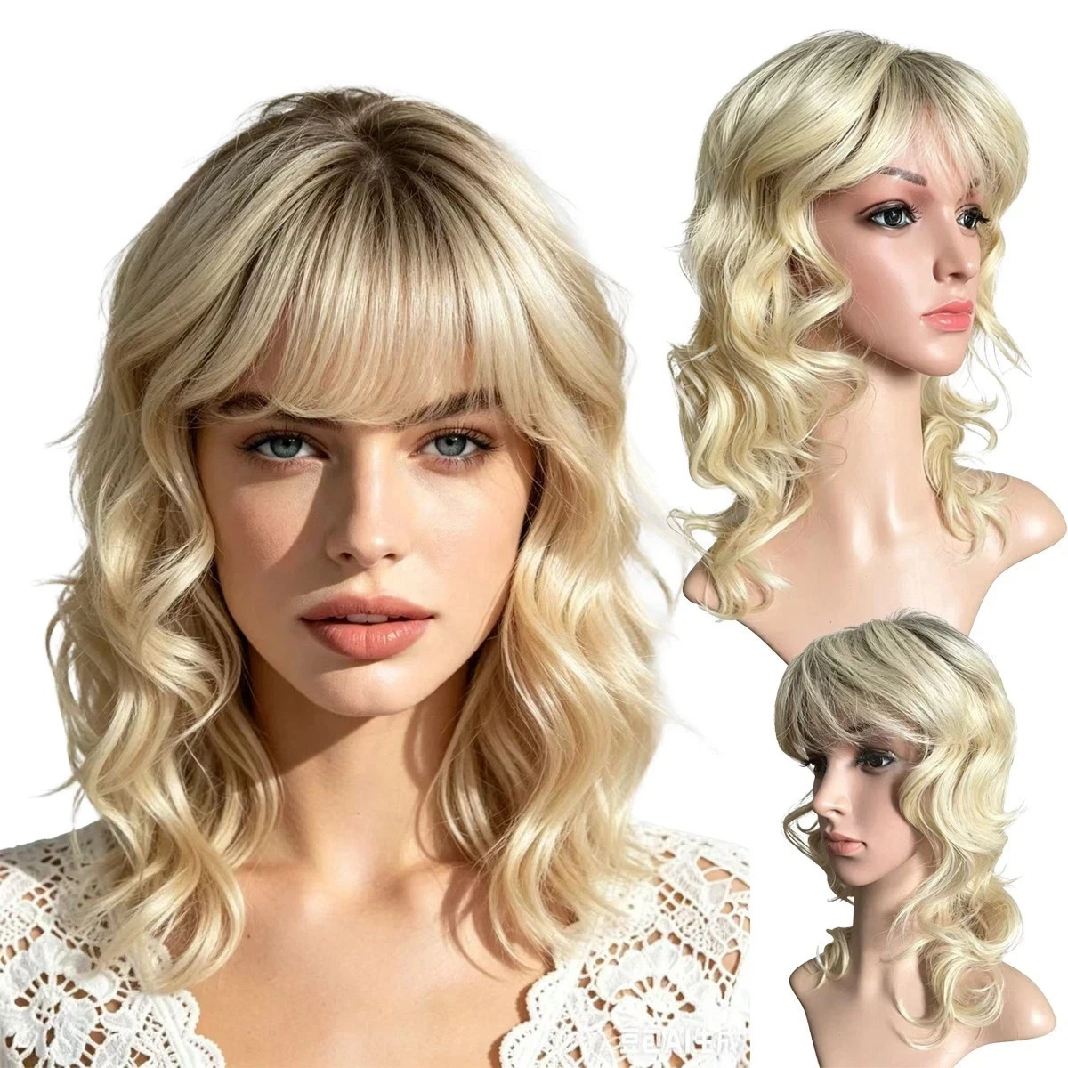 Shoulder Length Loose Wavy Bob Wig, Dark Root Pale Blonde Ombre Synthetic Wig
