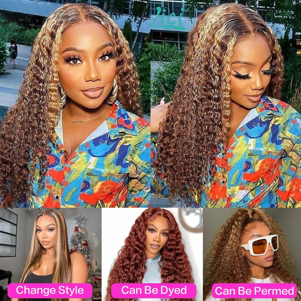 30inch Highlight Ombre Lace Front Wig Human Hair 13×6 HD Honey Blonde 4/27 De…