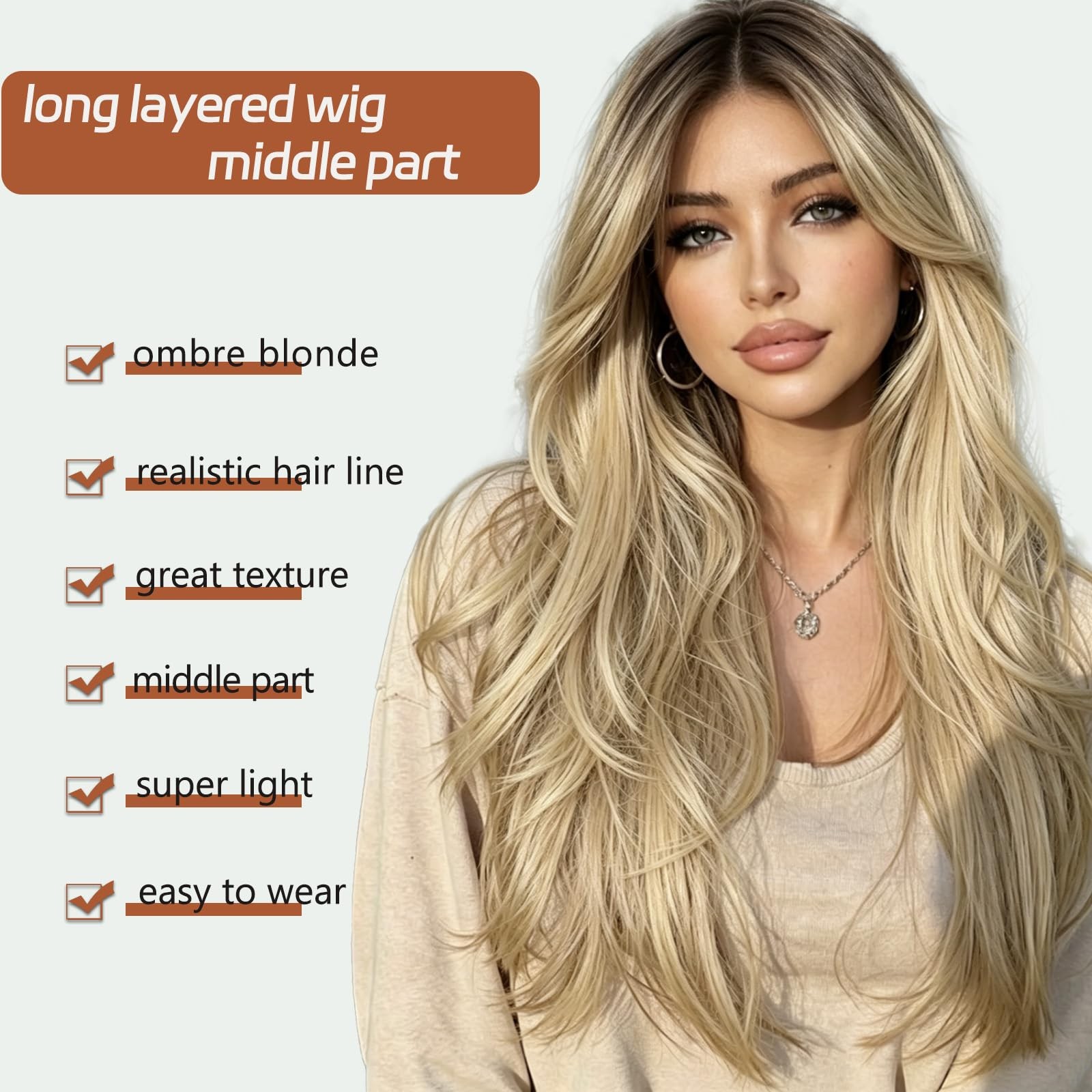 Ombre Blonde Wigs for Women 26 Inch Long Layered Wig Middle Part Blonde Wig S…