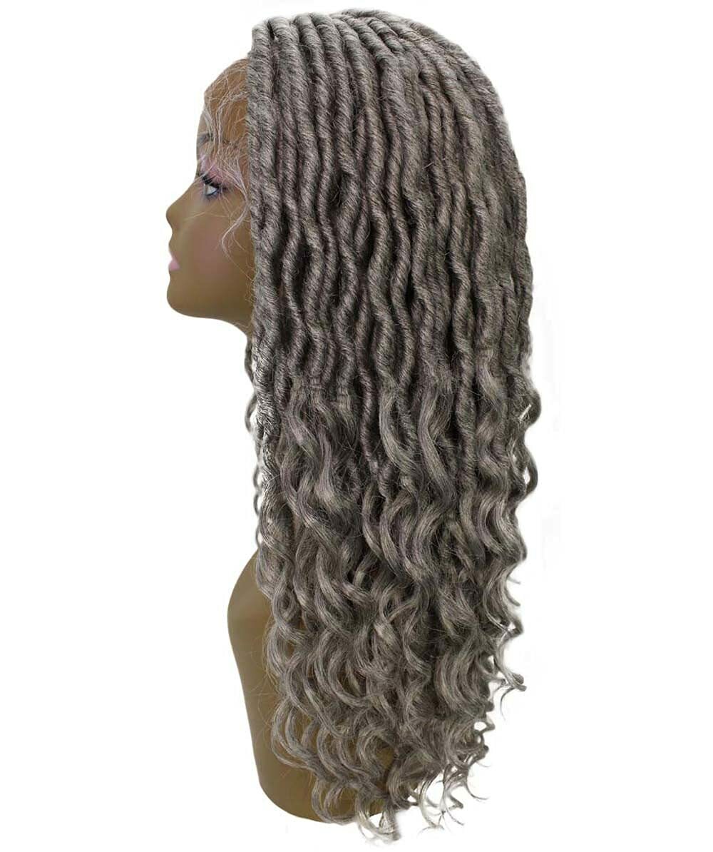 LUXLUXE Andrea 4×4 Curly Long 4X4 Hand Tied Lace Braid Grey Wig