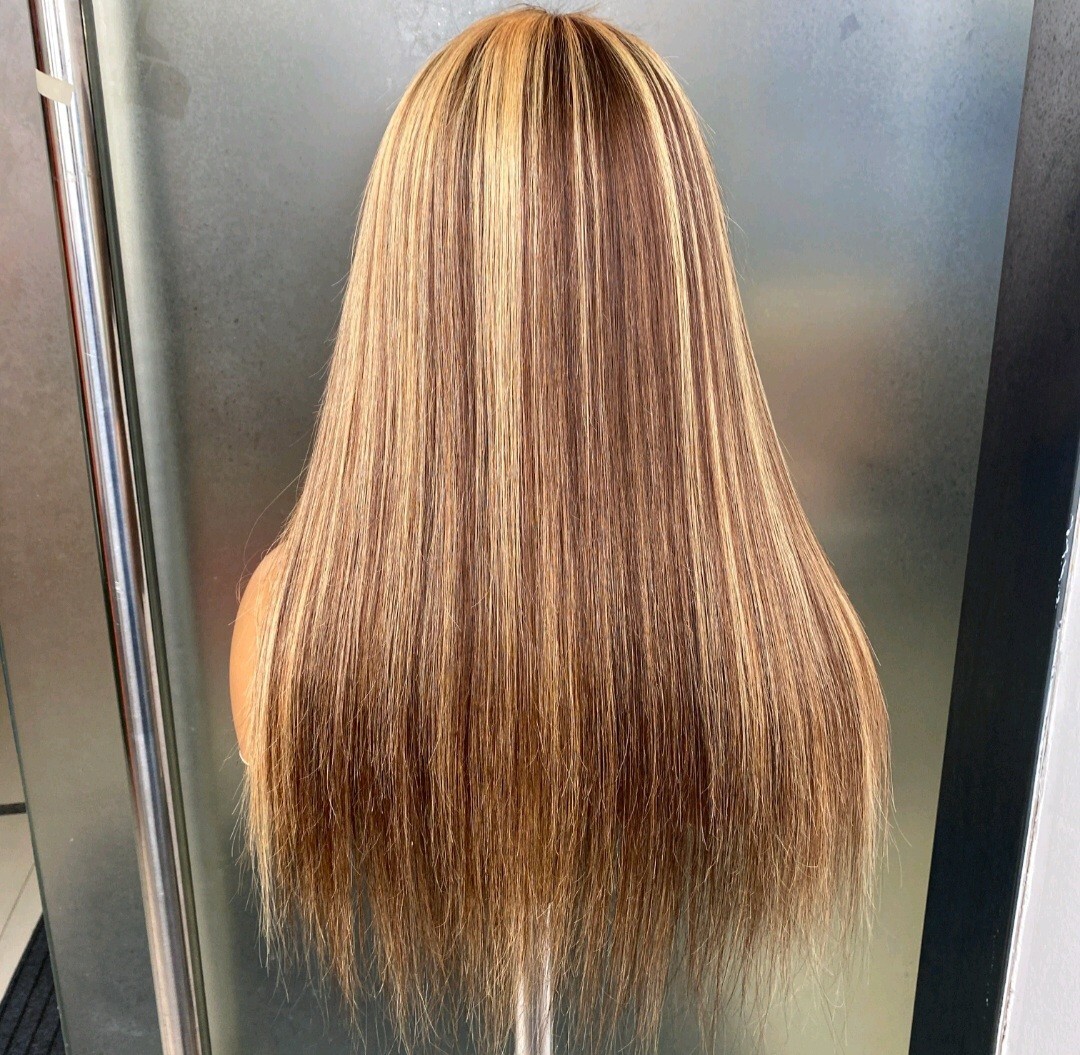 12A 14INCH PERUVIAN RAW VIRGIN HUMAN HAIR P4/27# STRAIGHT LACE FRONTAL WIG 180%