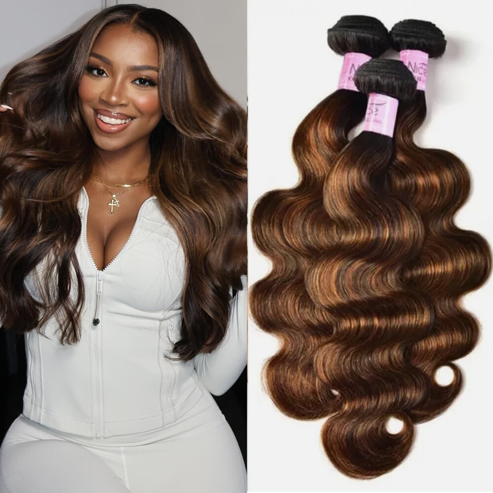 UNice Cambodian Ombre Brown Body Wave Hair Weaves 3 Bundles Human Hair Extension