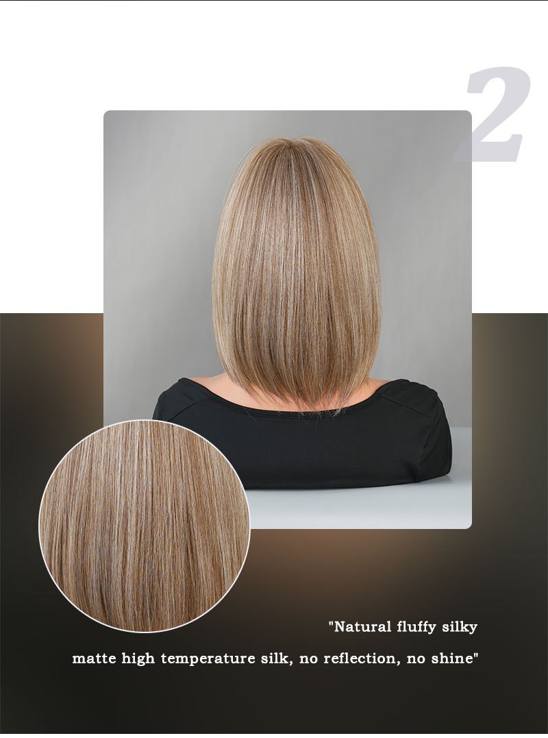 Short Bob Wig Brown Blonde mix Beige Highlight Full Head Fashion Sythenic Wigs