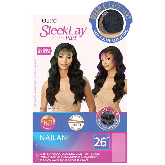 Outre Sleek Lay Glueless Deep C-Part HD Lace Front Wig NAILANI Pre-Styled Bangs