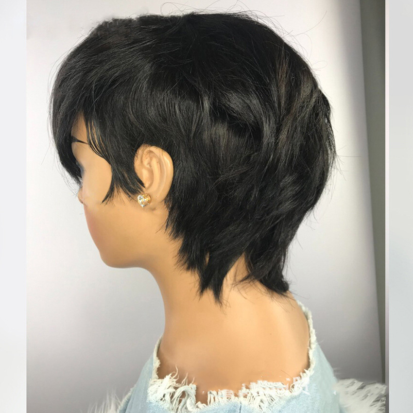 Short Remy Black Human Hair Wigs for Women Pixie Cut Wigs Wave with Side Bangs