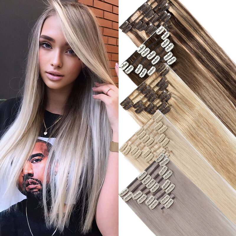 CLEARANCE 8pcs Clip In 100% Real Remy Human Hair Extensions Weft Hairpiece #Grey