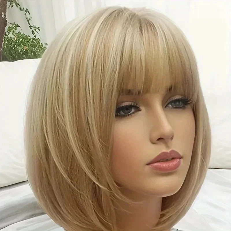 Human Hair New Fashion Women’s Brown Blond Straight Wigs 12 In
