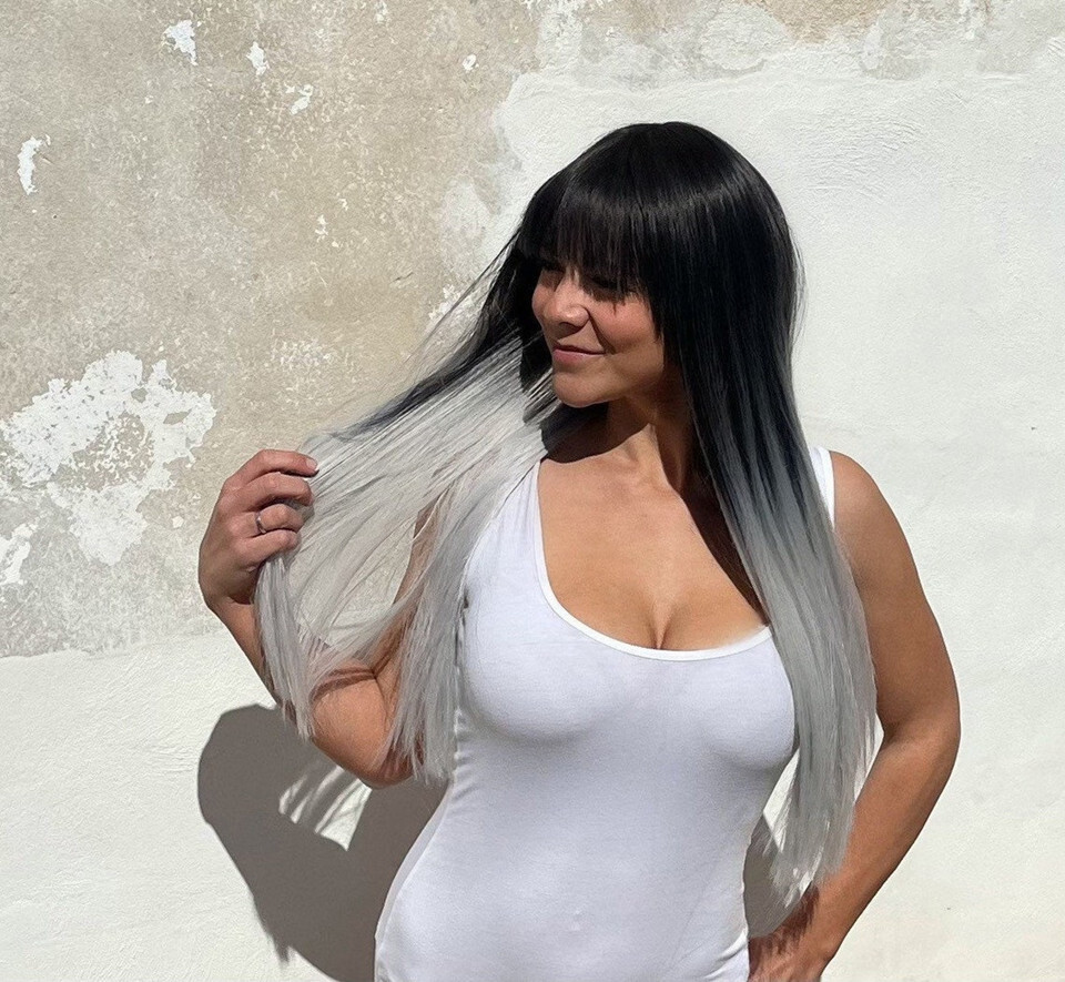 Long Ombre Black to White Wig With Bangs Straight Synthetic Wigs Heat Soft Fiber
