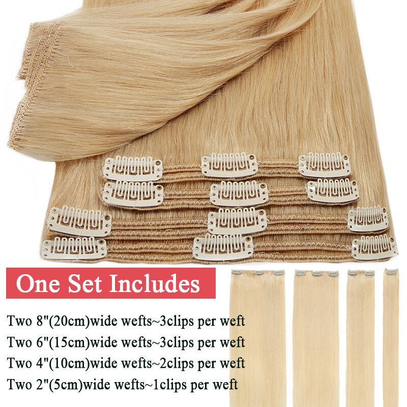 Double Weft Thick Clip In Wavy Full Head Real Remy Human Hair Extensions Blonde