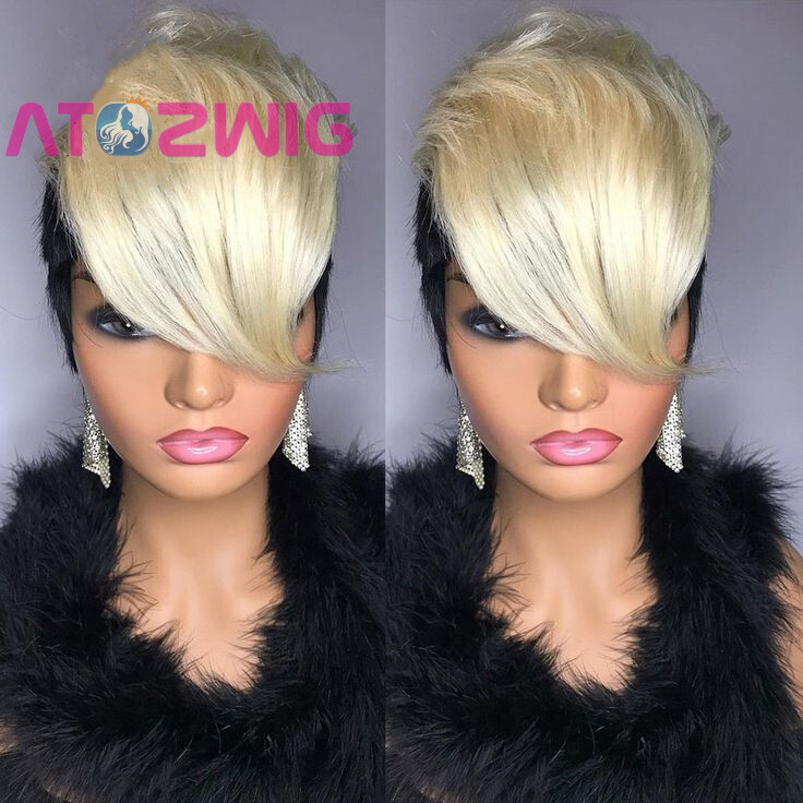 Honey Blonde Ombre Wavy Short Pixie Cut Human Hair Wig With Bangs Fashion Beauty
