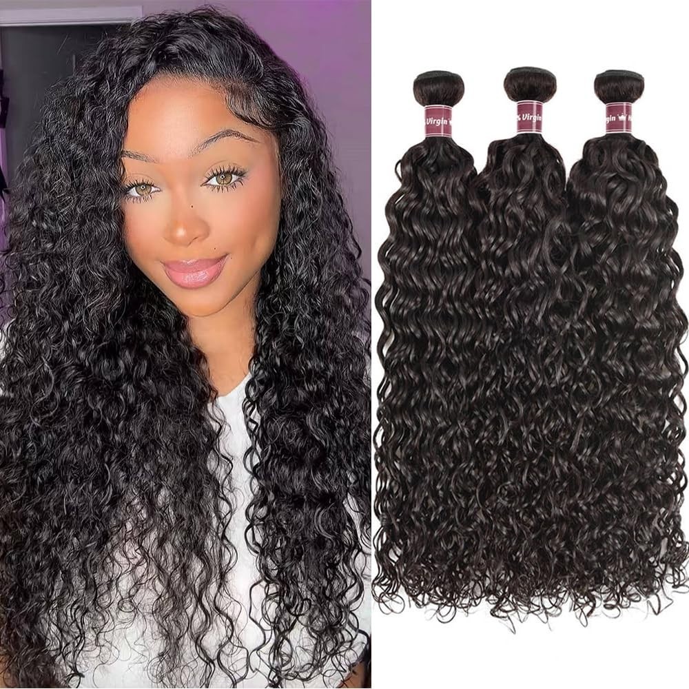 3PCS 16A Water Wave Curly Human Hair Extensions Natural Black 14″ 16″ 18″ Length