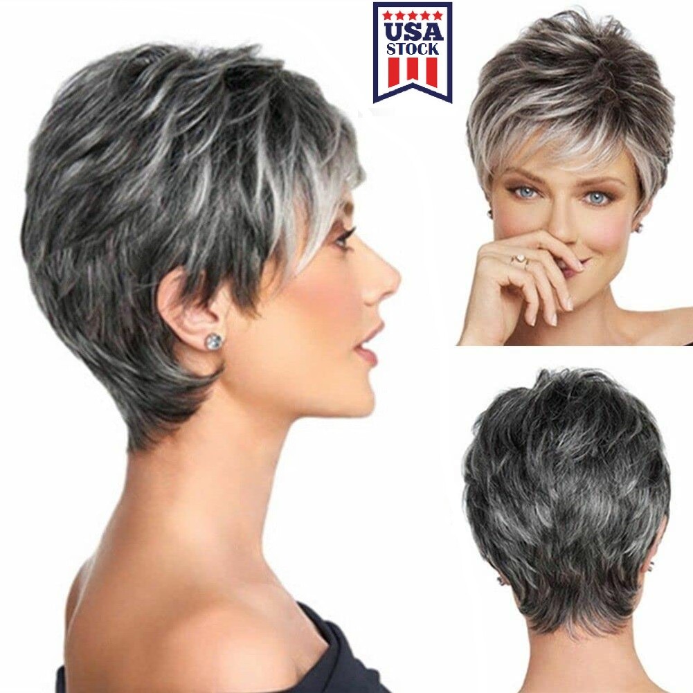 Womens Short Grey Wig Layered Synthetic Heat Resistant Pixie Hair Wig Daily US